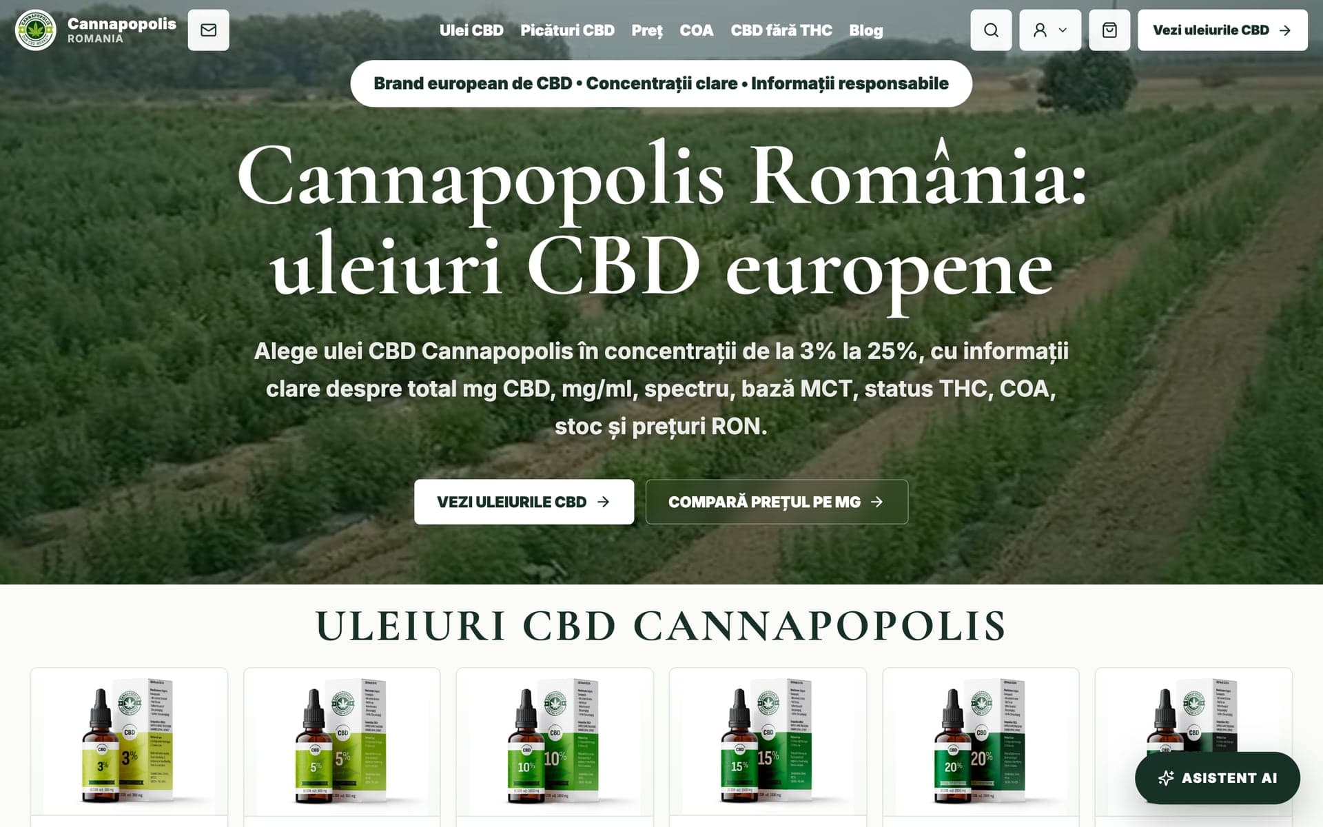 Cannapopolis Core: началната страница на румънския магазин с видео от полето и редица продукти