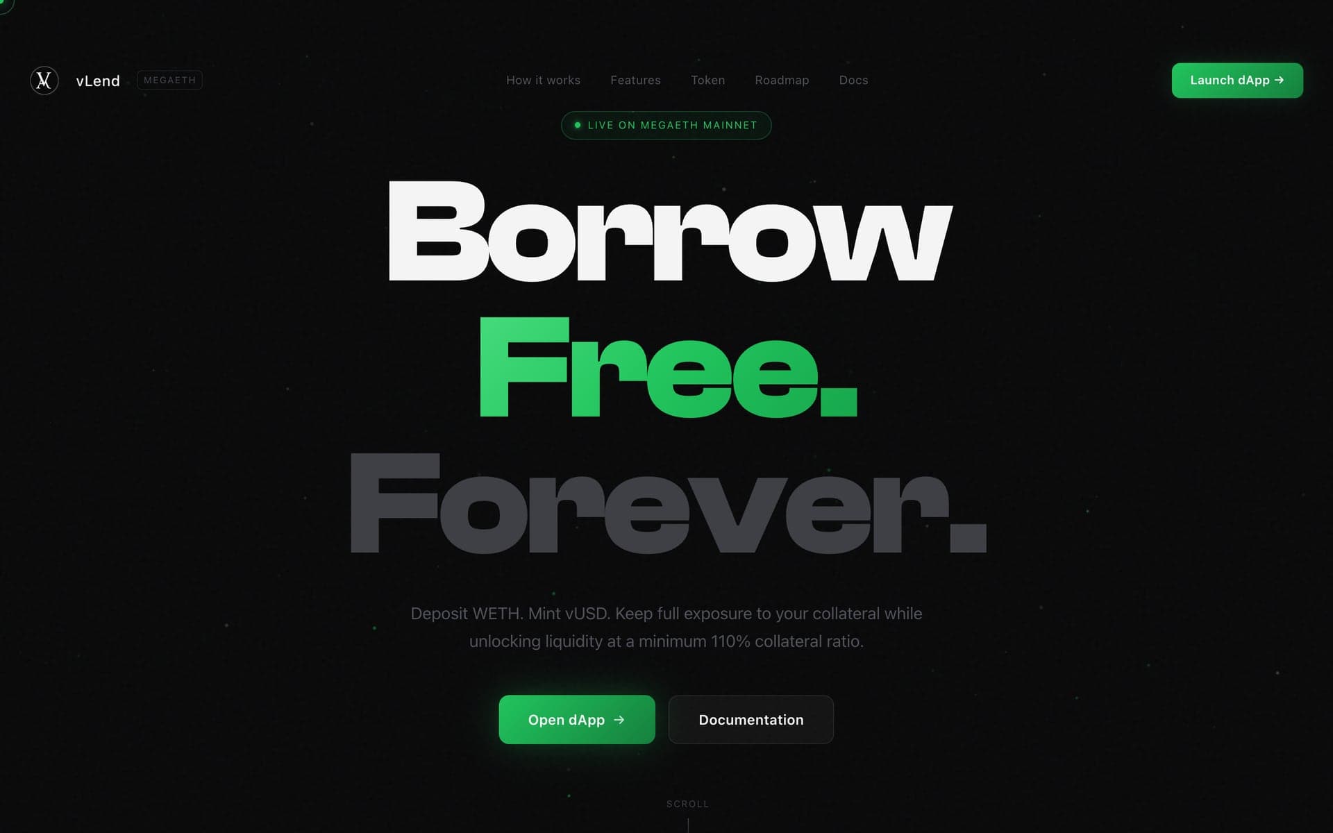 vLend: начален екран с монументалното заглавие „Borrow Free. Forever.“